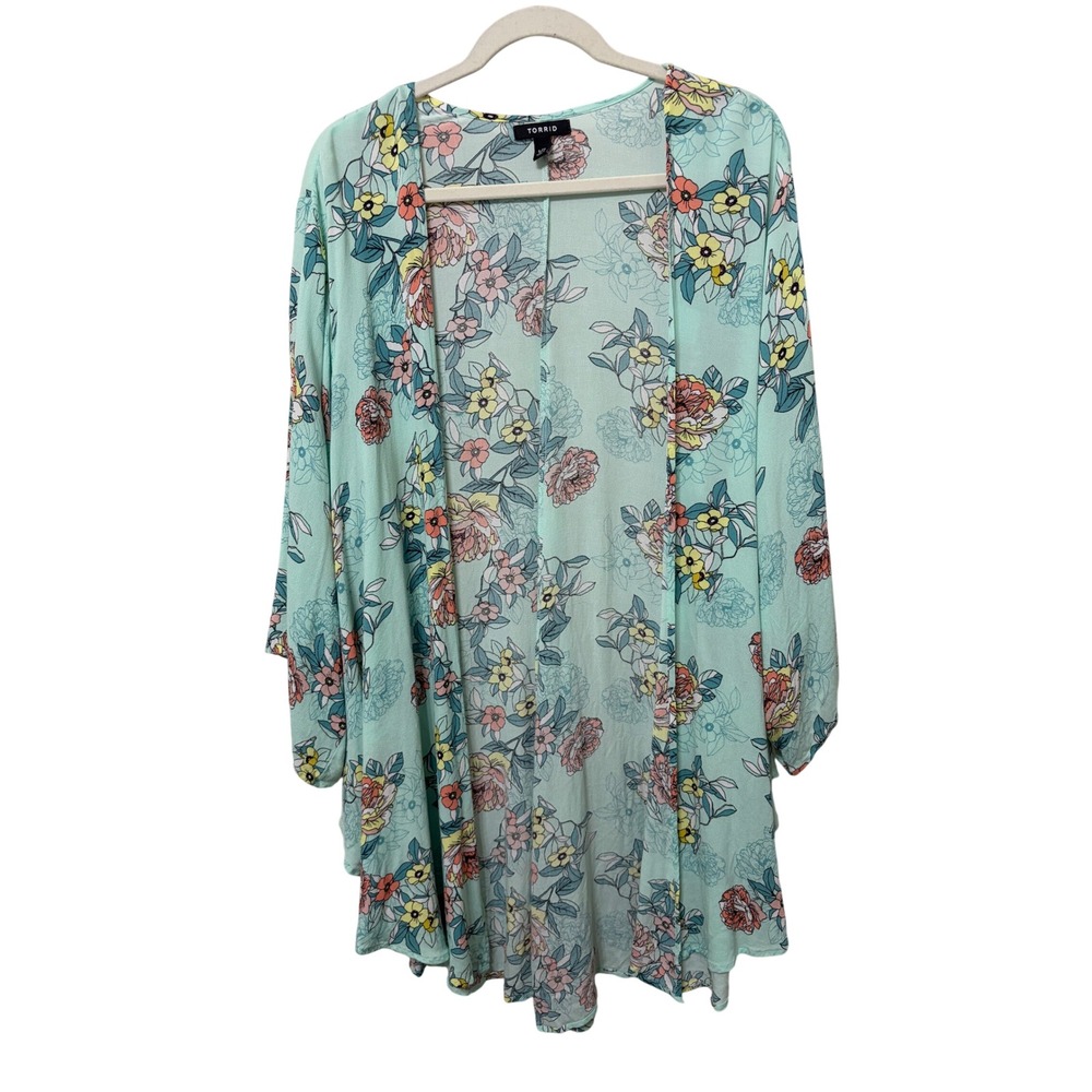 Torrid Floral Kimono Wrap Mint Green Plus Size 1/2(1X) Open Front Rayon Cardigan